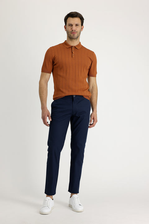 Orta Lacivert Regular Fit Standart Kesim Desenli Likralı Kanvas / Chino Pantolon