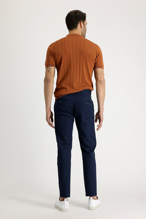 Orta Lacivert Regular Fit Standart Kesim Desenli Likralı Kanvas / Chino Pantolon