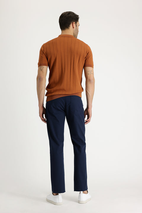 Mid-Navy Relaxed Fit Patterned Stretch Canvas / Chino Trousers