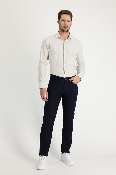Koyu Lacivert Relaxed Fit Rahat Kesim Desenli Likralı Kanvas / Chino Pantolon