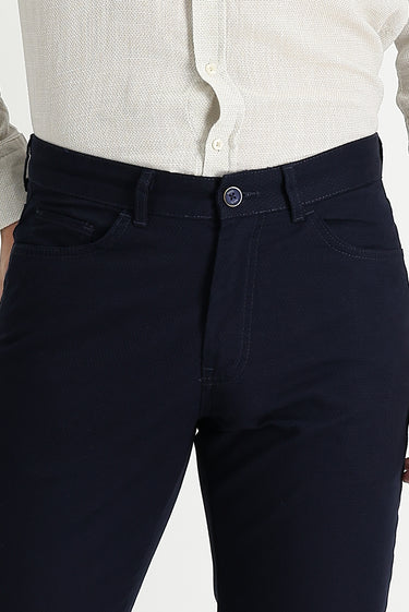 Koyu Lacivert Relaxed Fit Rahat Kesim Desenli Likralı Kanvas / Chino Pantolon
