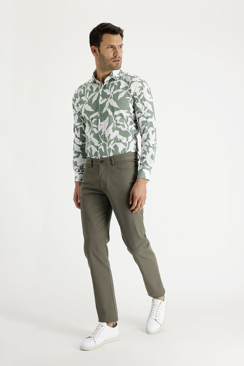 Açık Haki 7 Drop Slim Fit Dar Kesim Desenli Likralı Kanvas / Chino Pantolon