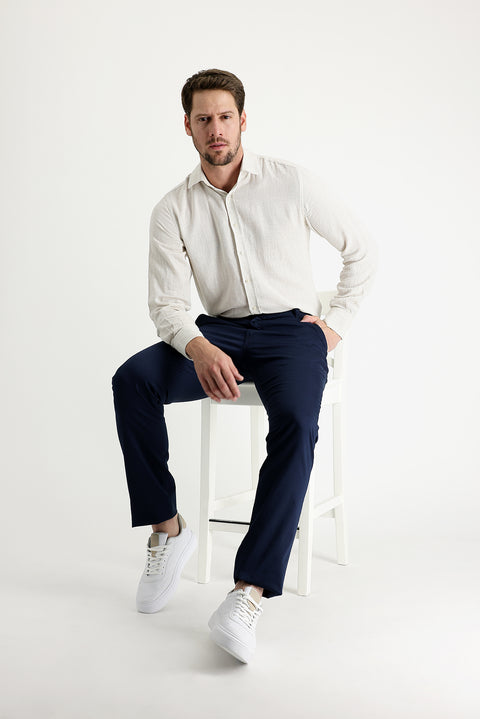 Orta Lacivert 6 Drop Regular Fit Standart Kesim Desenli Likralı Kanvas / Chino Pantolon