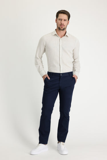 Orta Lacivert Regular Fit Desenli Likralı Kanvas / Chino Pantolon