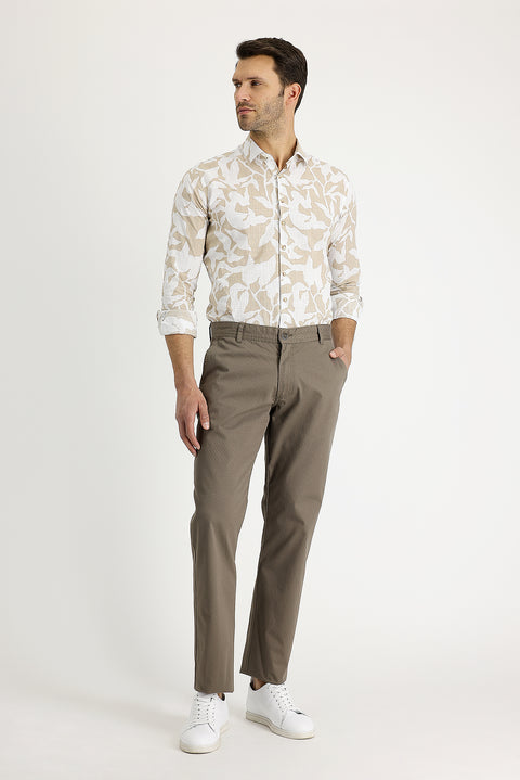 Medium Mink Regular Fit Standard Cut Patterned Lycra Canvas / Chino Trousers