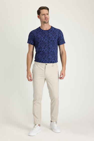 Krem Slim Fit Dar Kesim Desenli Likralı Kanvas / Chino Pantolon