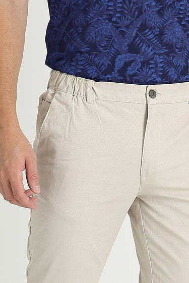 Krem Slim Fit Dar Kesim Desenli Likralı Kanvas / Chino Pantolon
