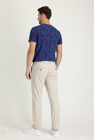 Krem Slim Fit Dar Kesim Desenli Likralı Kanvas / Chino Pantolon