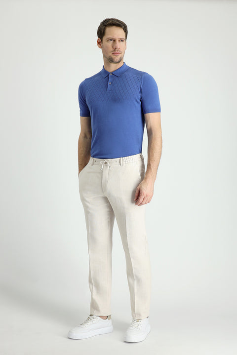 Medium Beige 7 Drop Slim Fit Classic Linen Trousers with Elasticated Drawstring Waist