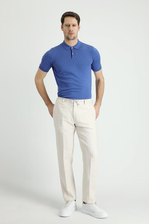 Medium Beige 7 Drop Slim Fit Classic Linen Trousers with Elasticated Drawstring Waist