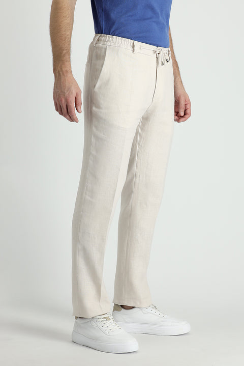 Medium Beige 7 Drop Slim Fit Classic Linen Trousers with Elasticated Drawstring Waist