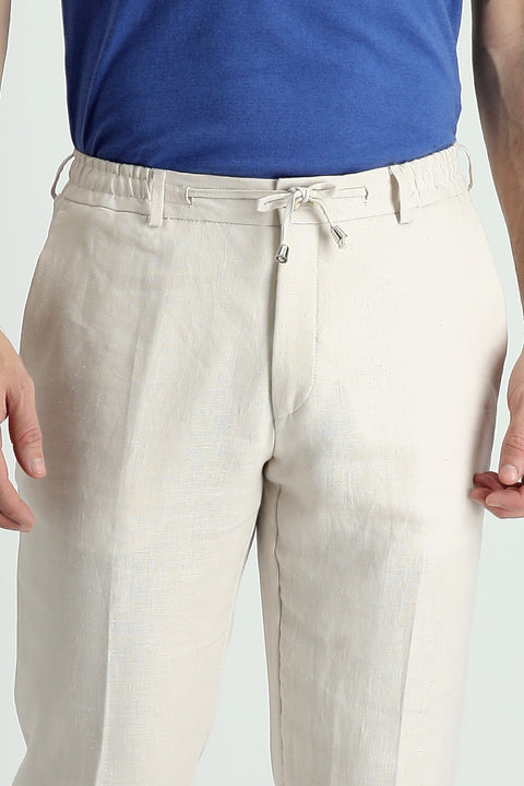 Medium Beige 7 Drop Slim Fit Classic Linen Trousers with Elasticated Drawstring Waist