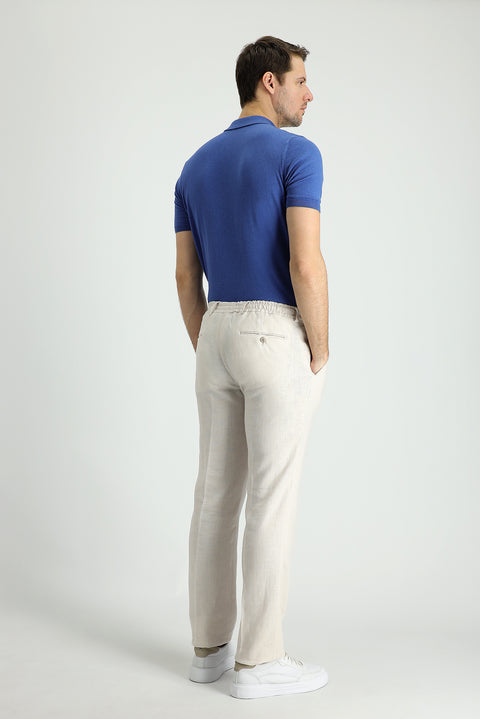 Medium Beige 7 Drop Slim Fit Classic Linen Trousers with Elasticated Drawstring Waist