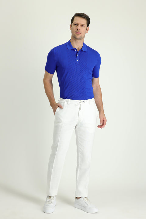 Beyaz 7 Drop Slim Fit Dar Kesim Beli Lastikli İpli Keten Klasik Kumaş Pantolon