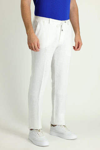  Beyaz 7 Drop Slim Fit Dar Kesim Beli Lastikli İpli Keten Klasik Kumaş Pantolon