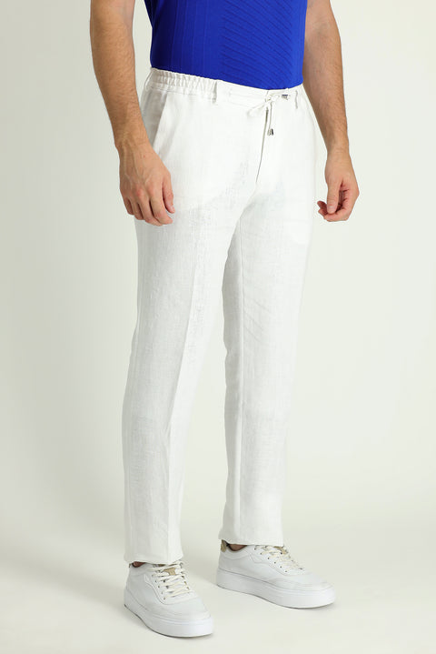 Beyaz 7 Drop Slim Fit Dar Kesim Beli Lastikli İpli Keten Klasik Kumaş Pantolon