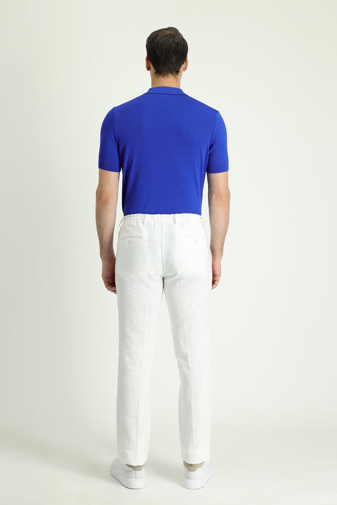 Beyaz 7 Drop Slim Fit Dar Kesim Beli Lastikli İpli Keten Klasik Kumaş Pantolon