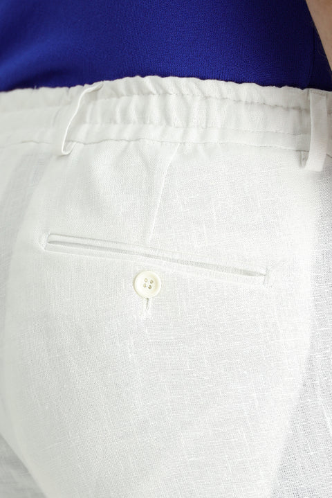 Beyaz 7 Drop Slim Fit Dar Kesim Beli Lastikli İpli Keten Klasik Kumaş Pantolon