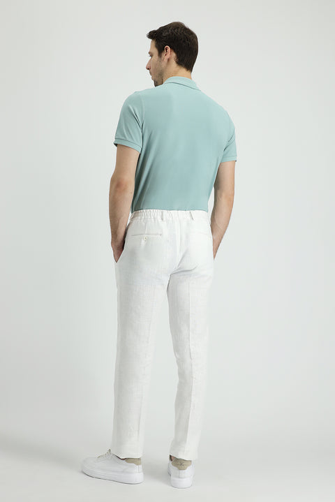 Beyaz 7 Drop Slim Fit Dar Kesim Beli Lastikli İpli Keten Klasik Kumaş Pantolon