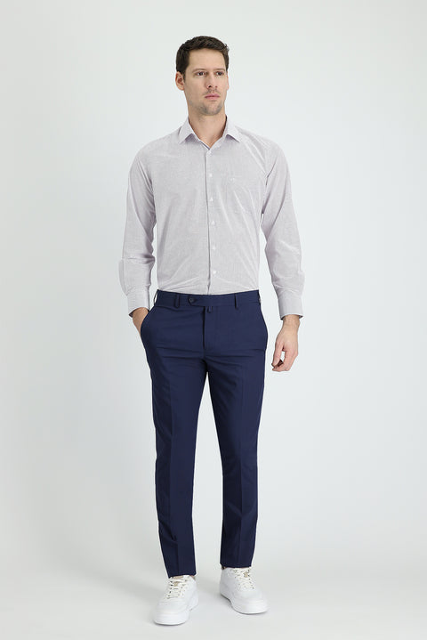 Orta Lacivert 7 Drop Slim Fit Dar Kesim Desenli Likralı Klasik Kumaş Pantolon