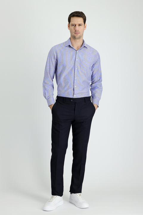 Koyu Lacivert 6 Drop Regular Fit Standart Kesim Klasik Desenli Likralı Kumaş Pantolon