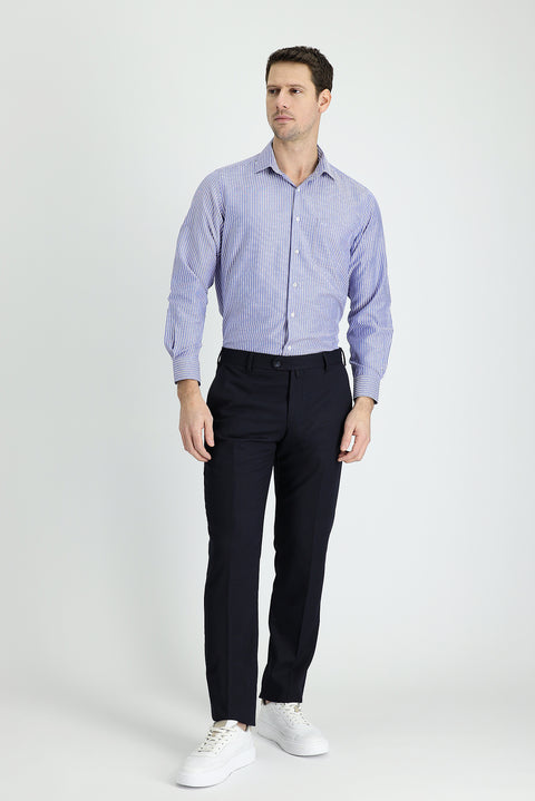 Koyu Lacivert 6 Drop Regular Fit Standart Kesim Klasik Desenli Likralı Kumaş Pantolon