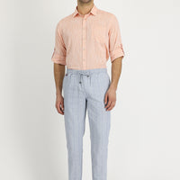 Orta Gri Slim Fit Dar Kesim Beli Lastikli İpli Çizgili Keten Pantolon