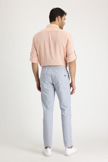 Orta Gri Slim Fit Dar Kesim Beli Lastikli İpli Çizgili Keten Pantolon