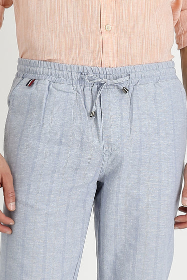 Orta Gri Slim Fit Dar Kesim Beli Lastikli İpli Çizgili Keten Pantolon