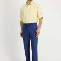 Koyu Lacivert Slim Fit Dar Kesim Beli Lastikli İpli Çizgili Keten Pantolon