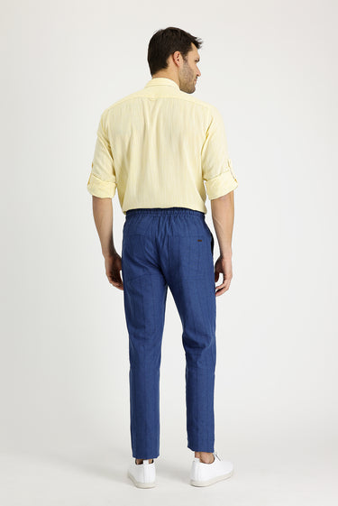 Koyu Lacivert Slim Fit Dar Kesim Beli Lastikli İpli Çizgili Keten Pantolon