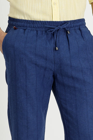 Koyu Lacivert Slim Fit Dar Kesim Beli Lastikli İpli Çizgili Keten Pantolon