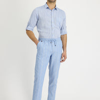 Mavi Slim Fit Dar Kesim Beli Lastikli İpli Çizgili Keten Pantolon