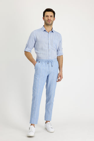  Mavi 7 Drop Slim Fit Dar Kesim Beli Lastikli İpli Çizgili Keten Karışımlı Pantolon