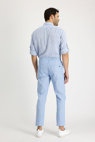  Mavi 7 Drop Slim Fit Dar Kesim Beli Lastikli İpli Çizgili Keten Karışımlı Pantolon