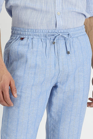  Mavi 7 Drop Slim Fit Dar Kesim Beli Lastikli İpli Çizgili Keten Karışımlı Pantolon