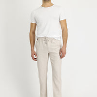 Orta Bej Slim Fit Dar Kesim Beli Lastikli İpli Çizgili Keten Pantolon