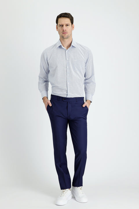 Orta Lacivert 7 Drop Slim Fit Dar Kesim Yünlü Klasik Kumaş Pantolon