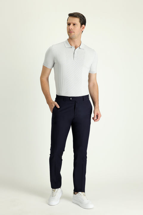 Koyu Lacivert 7 Drop Slim Fit Dar Kesim Yünlü Klasik Kumaş Pantolon