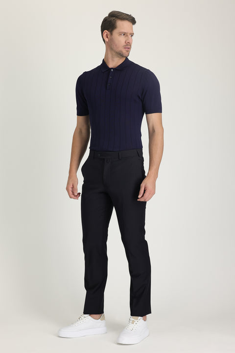 Siyah Lacivert 7 Drop Slim Fit Dar Kesim Yünlü Klasik Kumaş Pantolon
