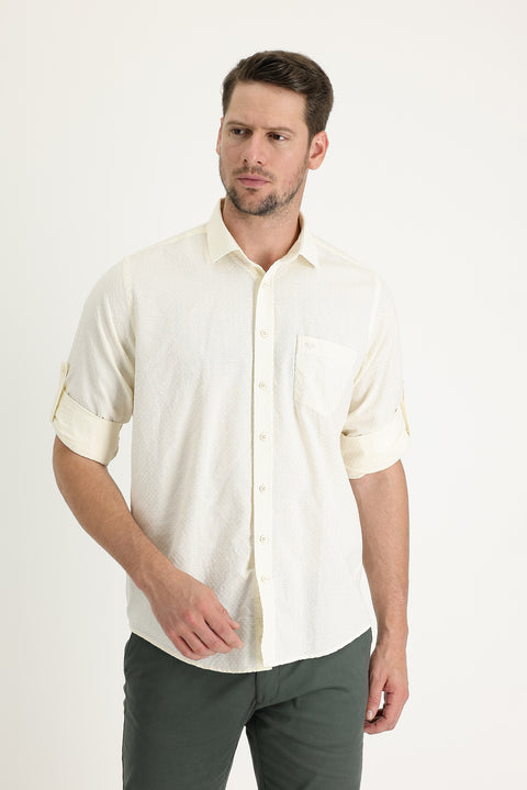 Ekru Uzun Kol Relaxed Fit Rahat Kesim Desenli Gömlek