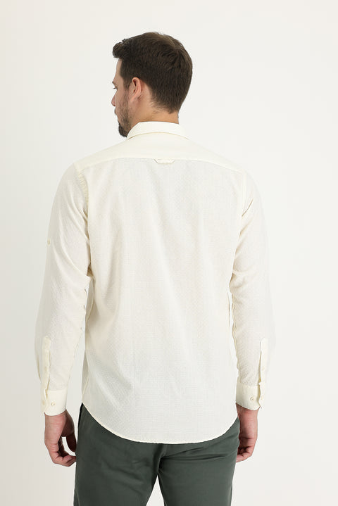 Ekru Uzun Kol Relaxed Fit Rahat Kesim Desenli Gömlek