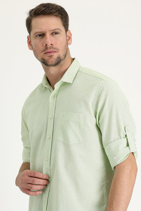 Fıstık Yeşili Uzun Kol Relaxed Fit Rahat Kesim Desenli Gömlek