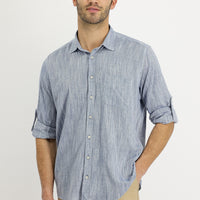 Orta Lacivert Uzun Kol Regular Fit Desenli Keten Gömlek