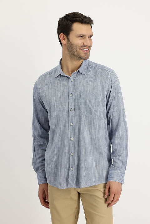 Orta Lacivert Uzun Kol Regular Fit Desenli Keten Gömlek