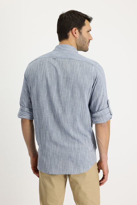 Orta Lacivert Uzun Kol Regular Fit Desenli Keten Gömlek