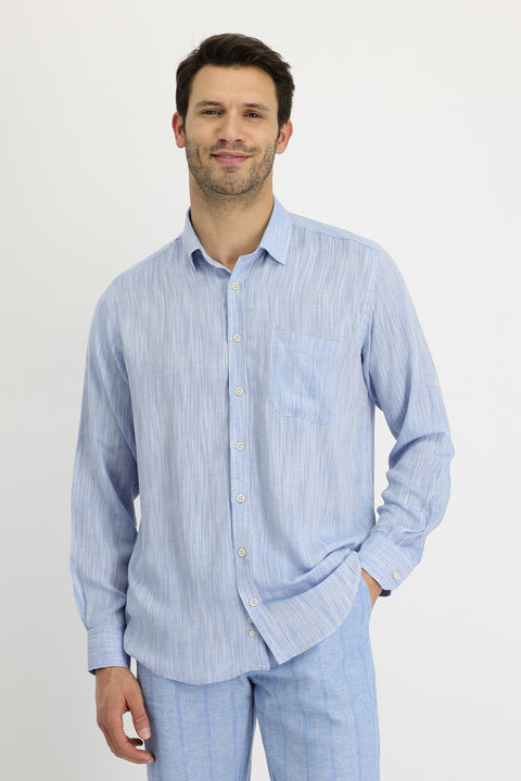 Açık Mavi Uzun Kol Regular Fit Desenli Keten Gömlek