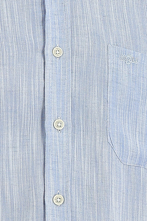 Açık Mavi Uzun Kol Regular Fit Desenli Keten Gömlek