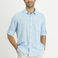 Su Mavisi Uzun Kol Regular Fit Desenli Keten Gömlek