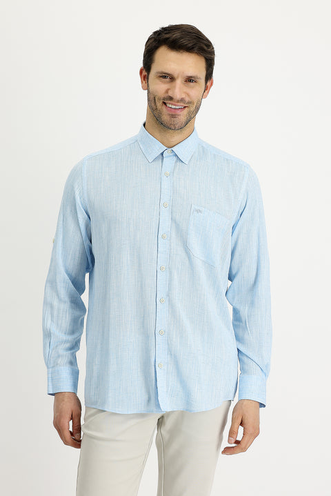 Su Mavisi Uzun Kol Regular Fit Desenli Keten Gömlek